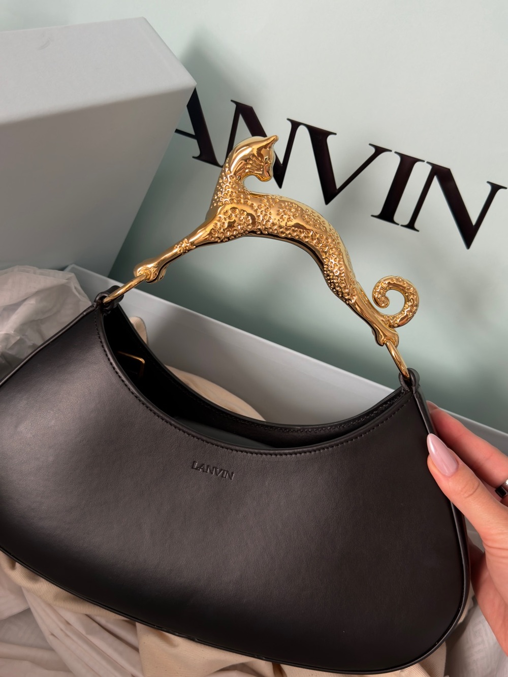 Lanvin Black Leather Shoulder Bag with Gold Cat Handle